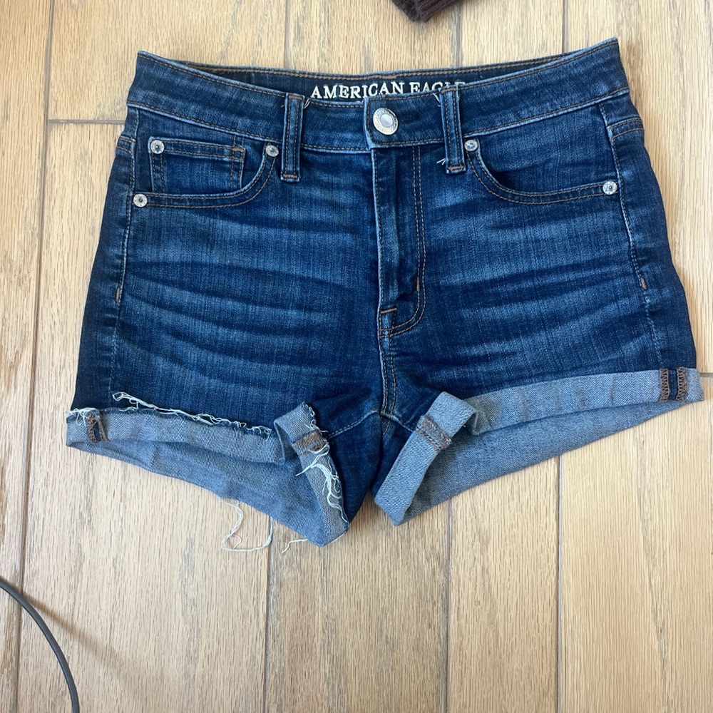 mid rise blue denim shorts